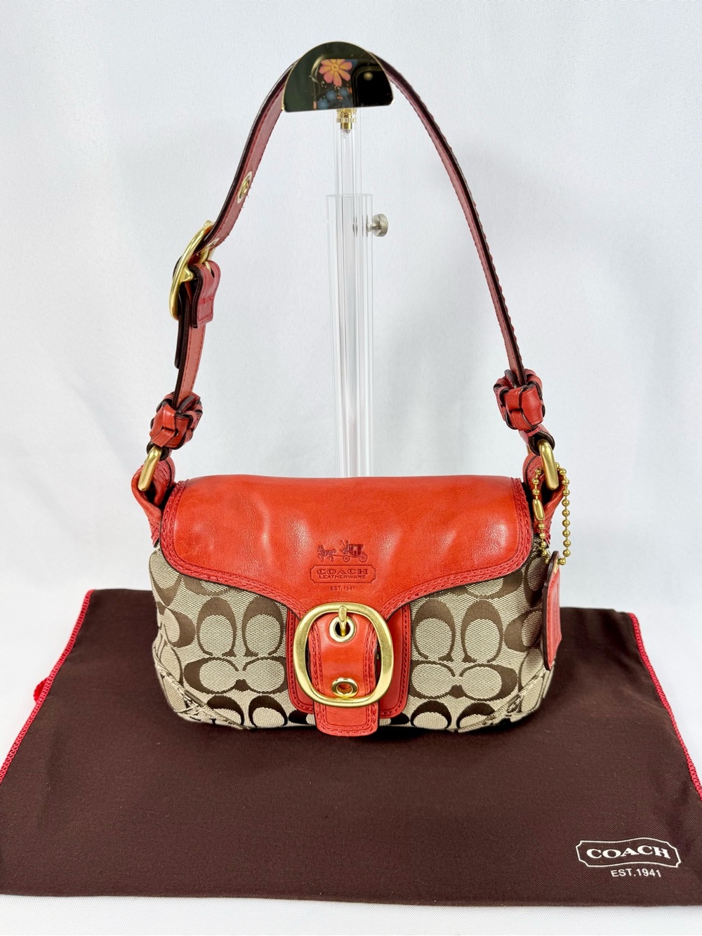 Coach Bleecker Red /Tan Leather Canvas Legacy Flap Soho Handbag #11441 EUC